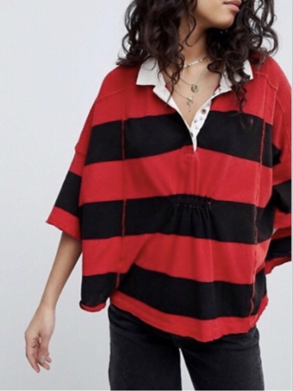 Free People Yuki Rugby Stripe Oversized Polo Tee Red & Black Size XS